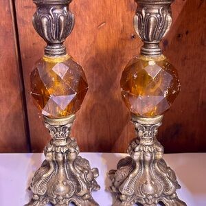 Elegant Amber and Brass Candle Holders